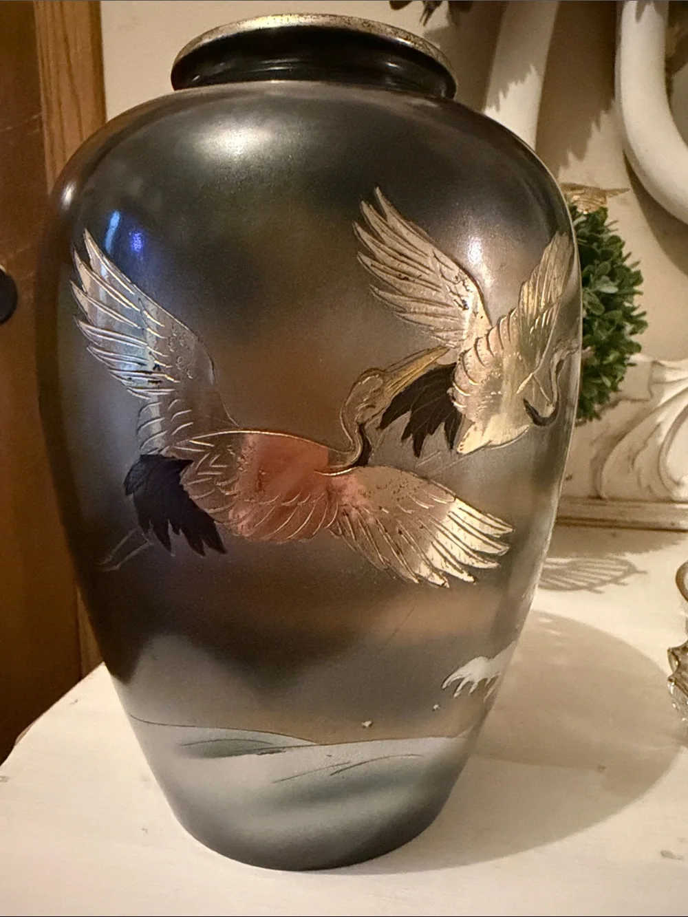 Vintage Japanese Black Mixed Metal Vase Flying Cranes Ikebana Urn